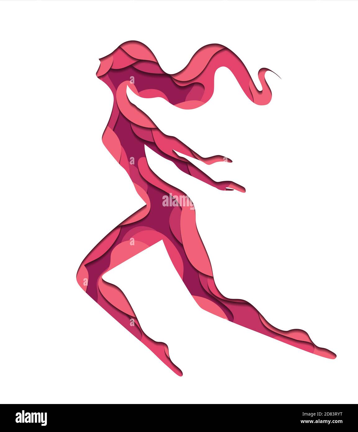 Illustration der fliegenden freien Frau mit 3d-Element aus Papier in rosa Farben geschnitten. Vektor-Element für Postkarten, Artikel und Ihr Design. Stock Vektor