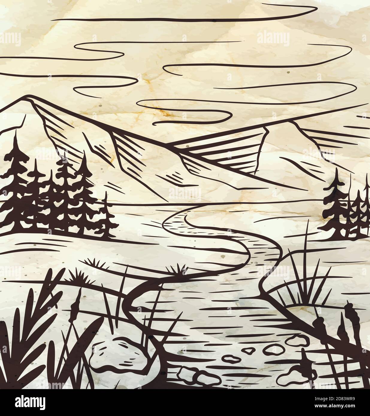Naturskizze einer Wiese mit Fluss, Bergen und Tannen auf altem Papier. Ruhige, friedliche, wilde Landschaft auf Pergament. Vektortinte Scribble Element fo Stock Vektor