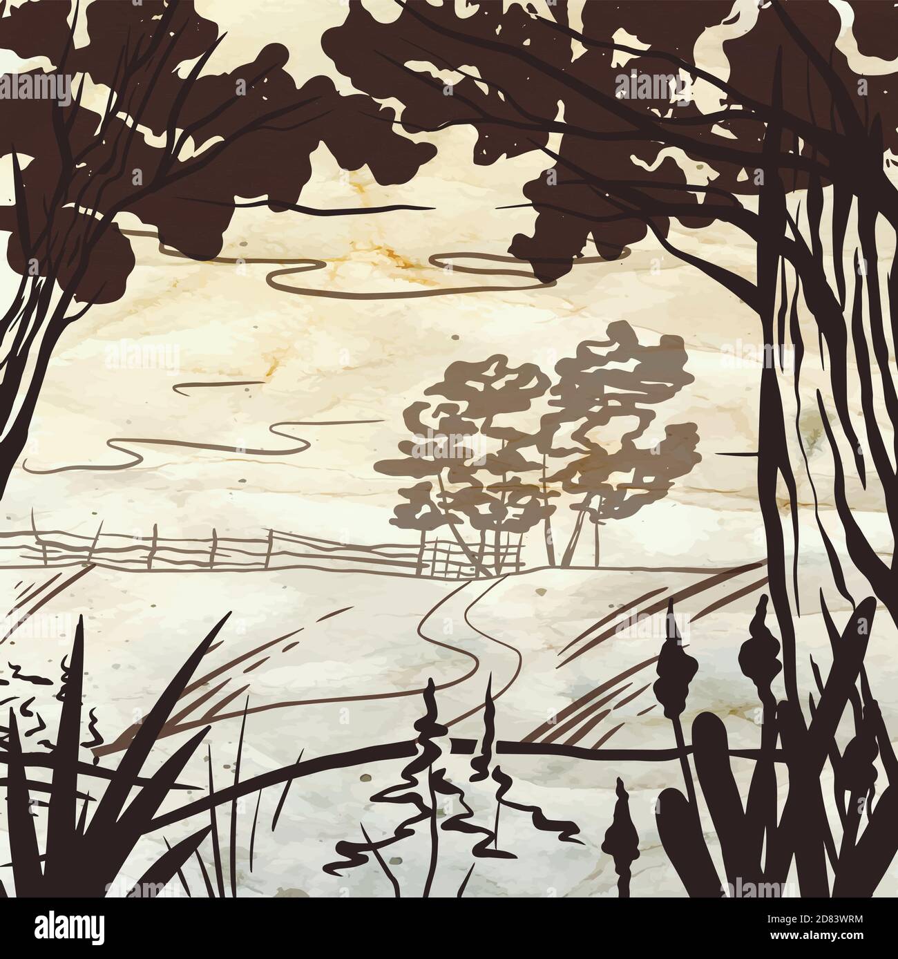 Natürliche Skizze der Wiese mit dem Weg, dem Zaun und den Bäumen auf dem alten Papier. Ruhige ländliche Landschaft auf Pergament. Vektortintenelement für Etiketten, Stock Vektor