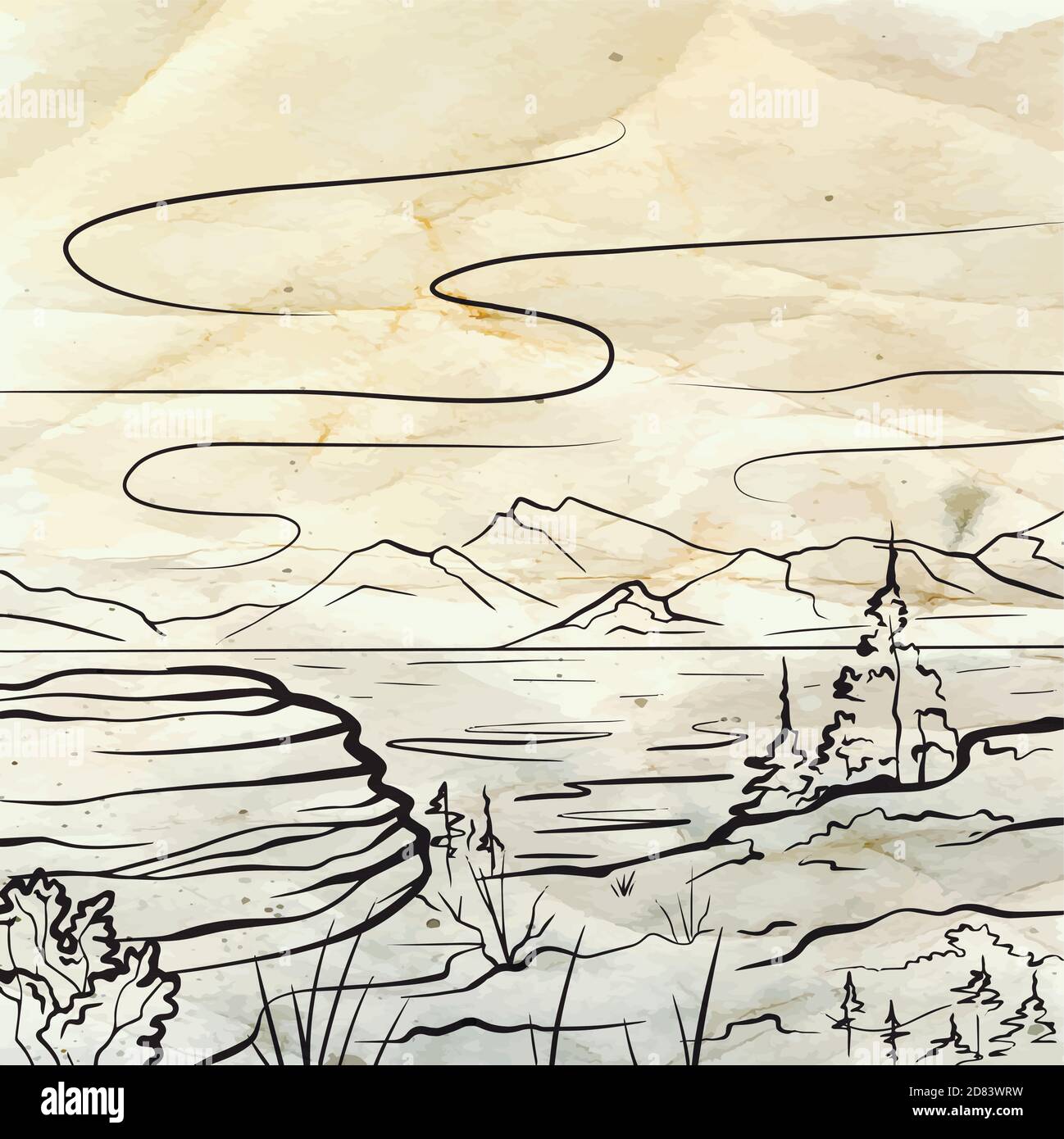 Naturskizze eines Sees, Berge, Stein und Tannen auf altem Papier. Ruhige, friedliche, wilde Landschaft auf Pergament. Vektortinte Scribble-Element für Etiketten Stock Vektor