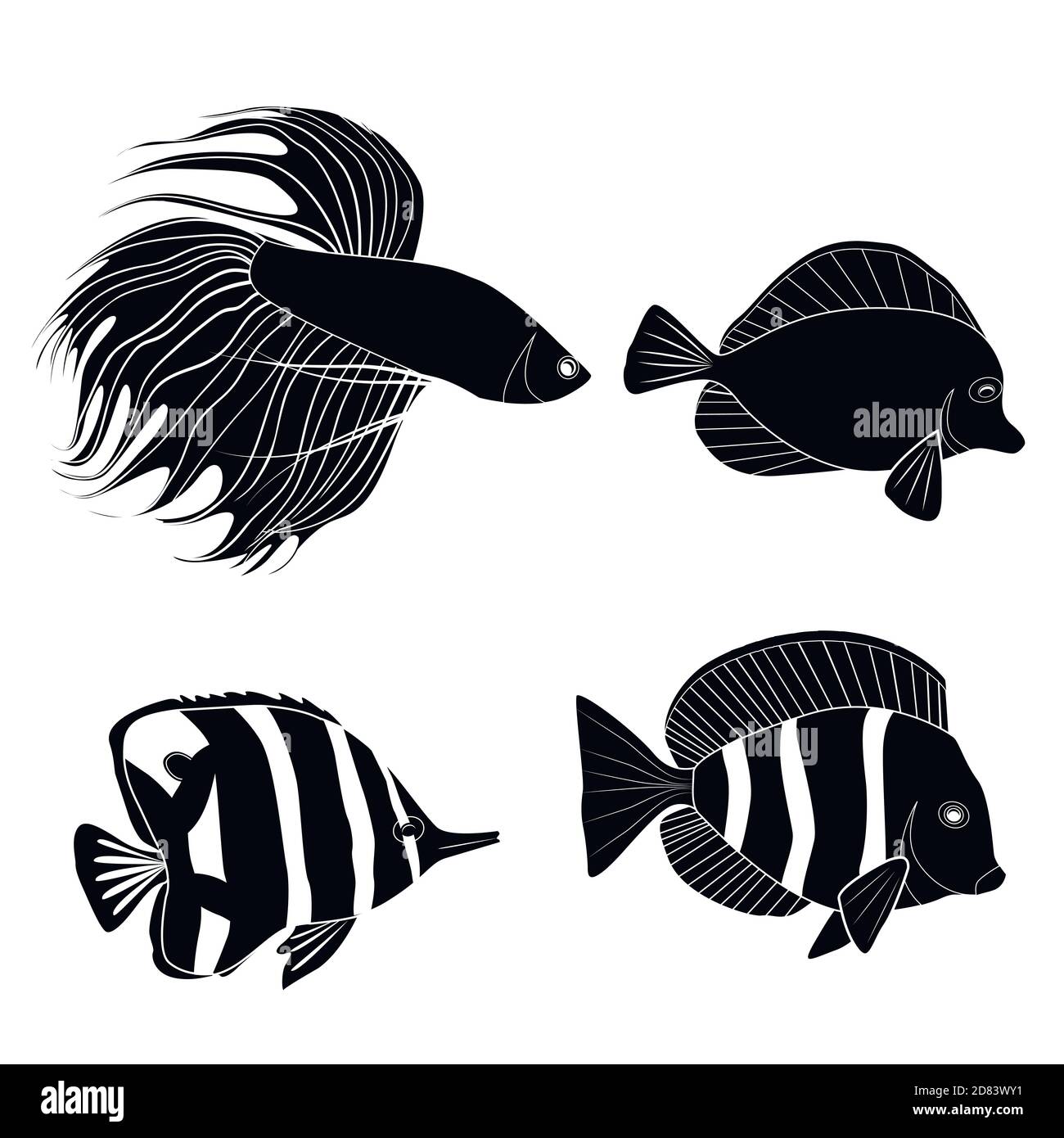 Set von schwarzen Silhouette verschiedenen tropischen Fischen. FischHahn, Wimpelfisch, königlicher Engel. Meeresbewohner. Vektor Silhouette für Icon, Logo und Sie Stock Vektor