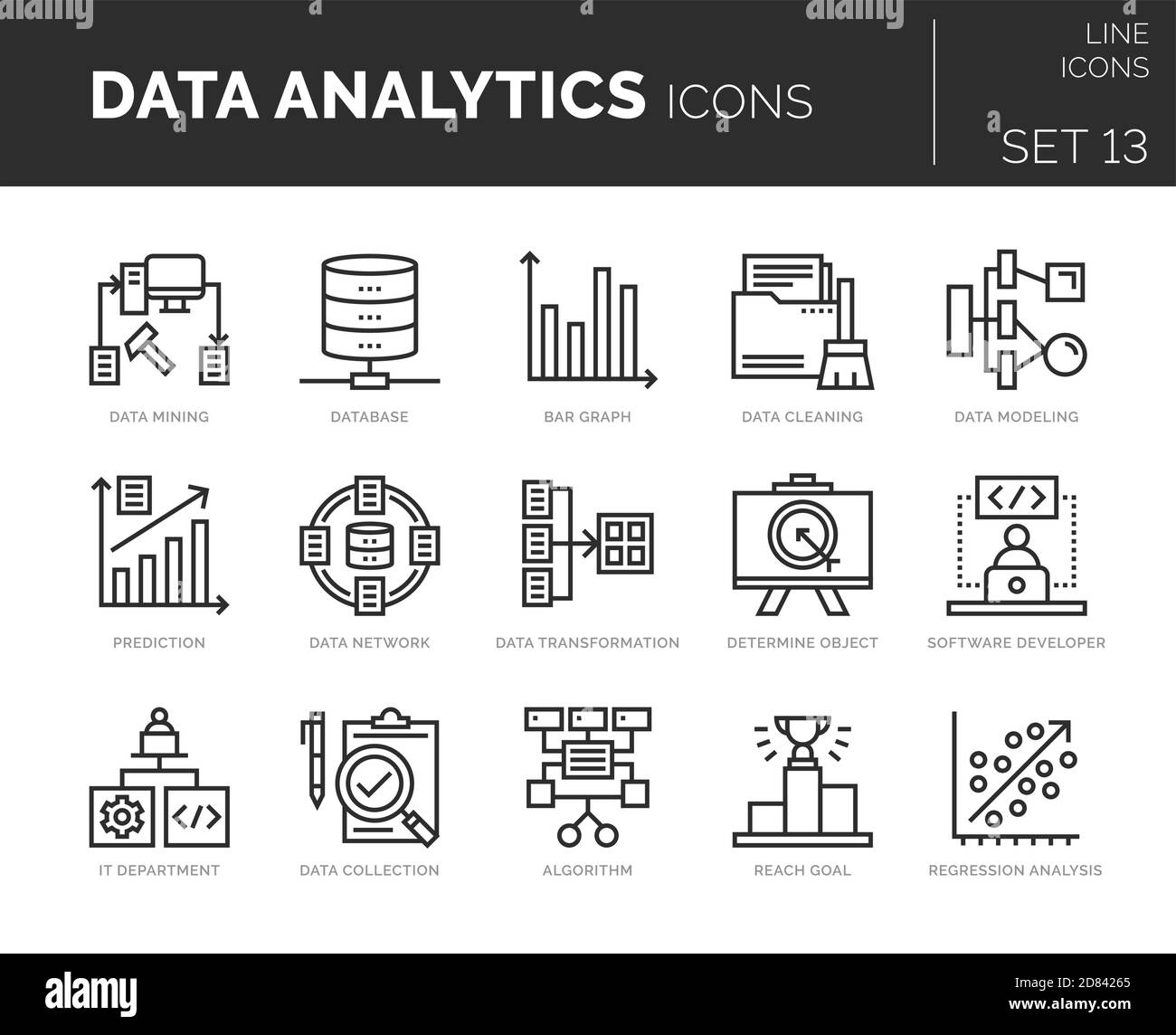 Satz von Symbolen für die Vektordatenanalyse. Icons sind in flacher / liniengestalterischen Form mit Elementen für mobile Konzepte und Web-Apps. Sammlung von modernen Infografik l Stock Vektor