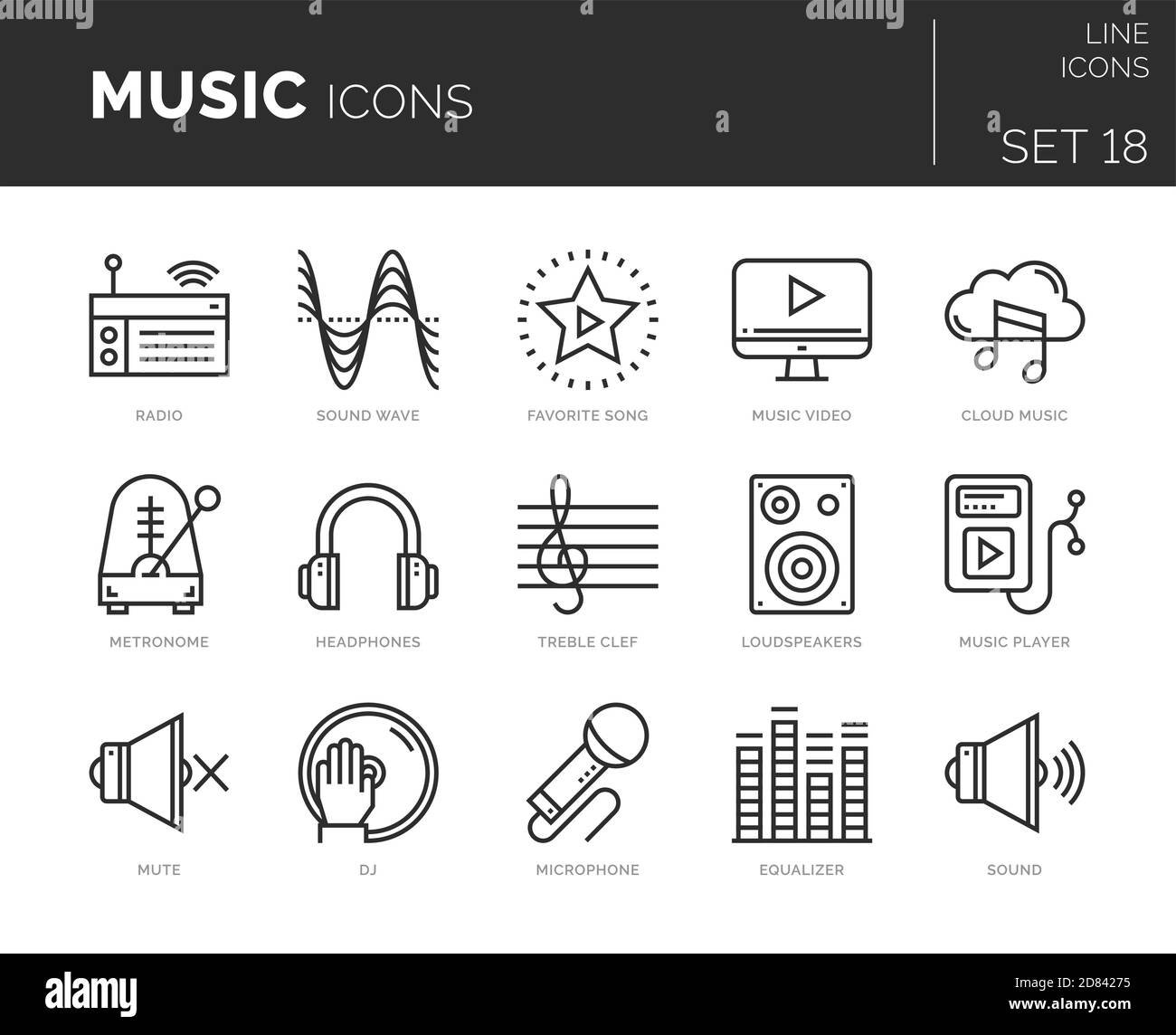 Satz von Vektormusik-Symbolen. Icons sind in flacher / liniengestalterischen Form mit Elementen für mobile Konzepte und Web-Apps. Sammlung von modernen Infografik-Logos und Stock Vektor