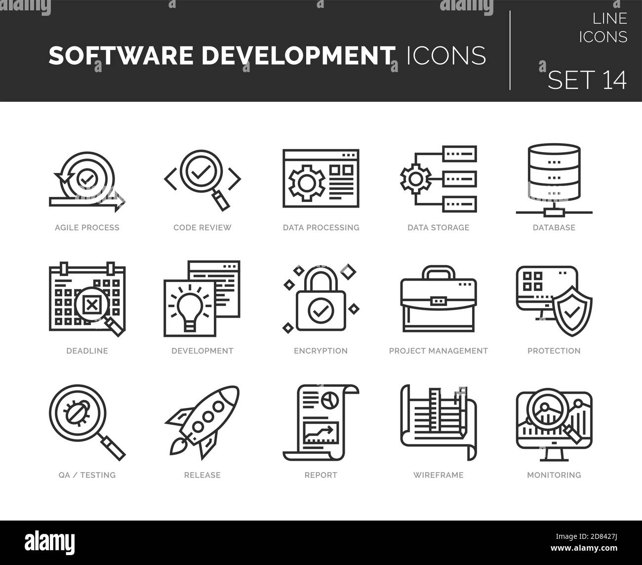 Satz von Vektorsoftware-Entwicklungssymbolen. Icons sind in flacher / liniengestalterischen Form mit Elementen für mobile Konzepte und Web-Apps. Sammlung von modernen infogra Stock Vektor