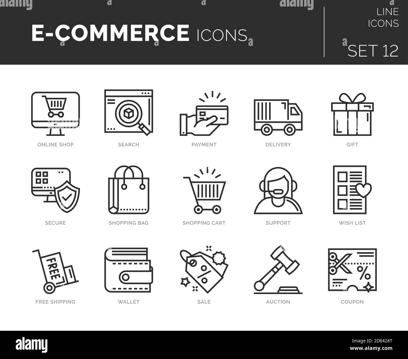 Satz von Vektor-E-Commerce-Symbolen. Icons sind in flacher / liniengestalterischen Form mit Elementen für mobile Konzepte und Web-Apps. Sammlung moderner Infografik-Logos Stock Vektor