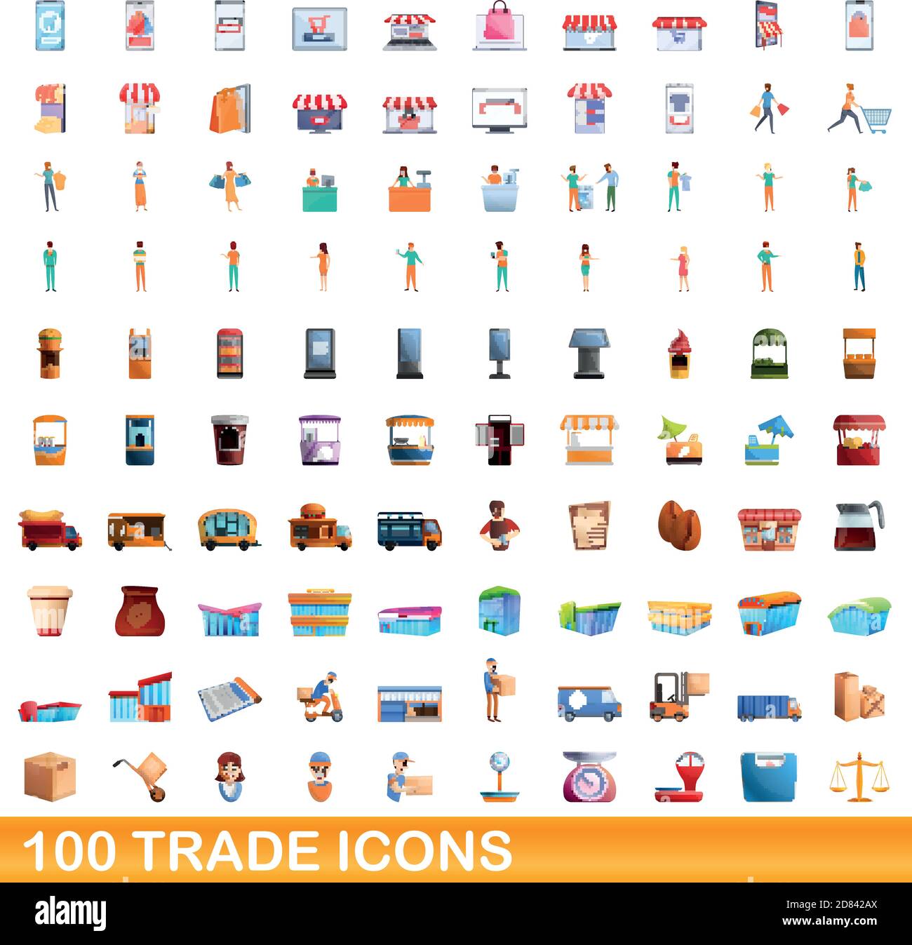 100 Handelssymbole eingestellt. Cartoon Illustration von 100 Handel ...
