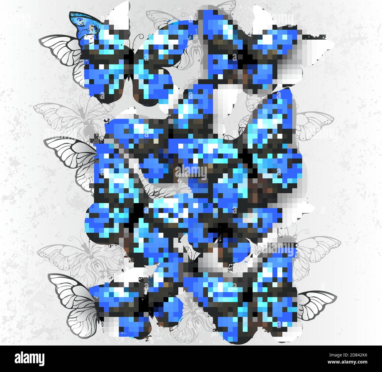 Vertikale Komposition von realistischen, blauen und weißen Morpho Schmetterlingen auf grauem texturierten Hintergrund. Morpho. Stock Vektor