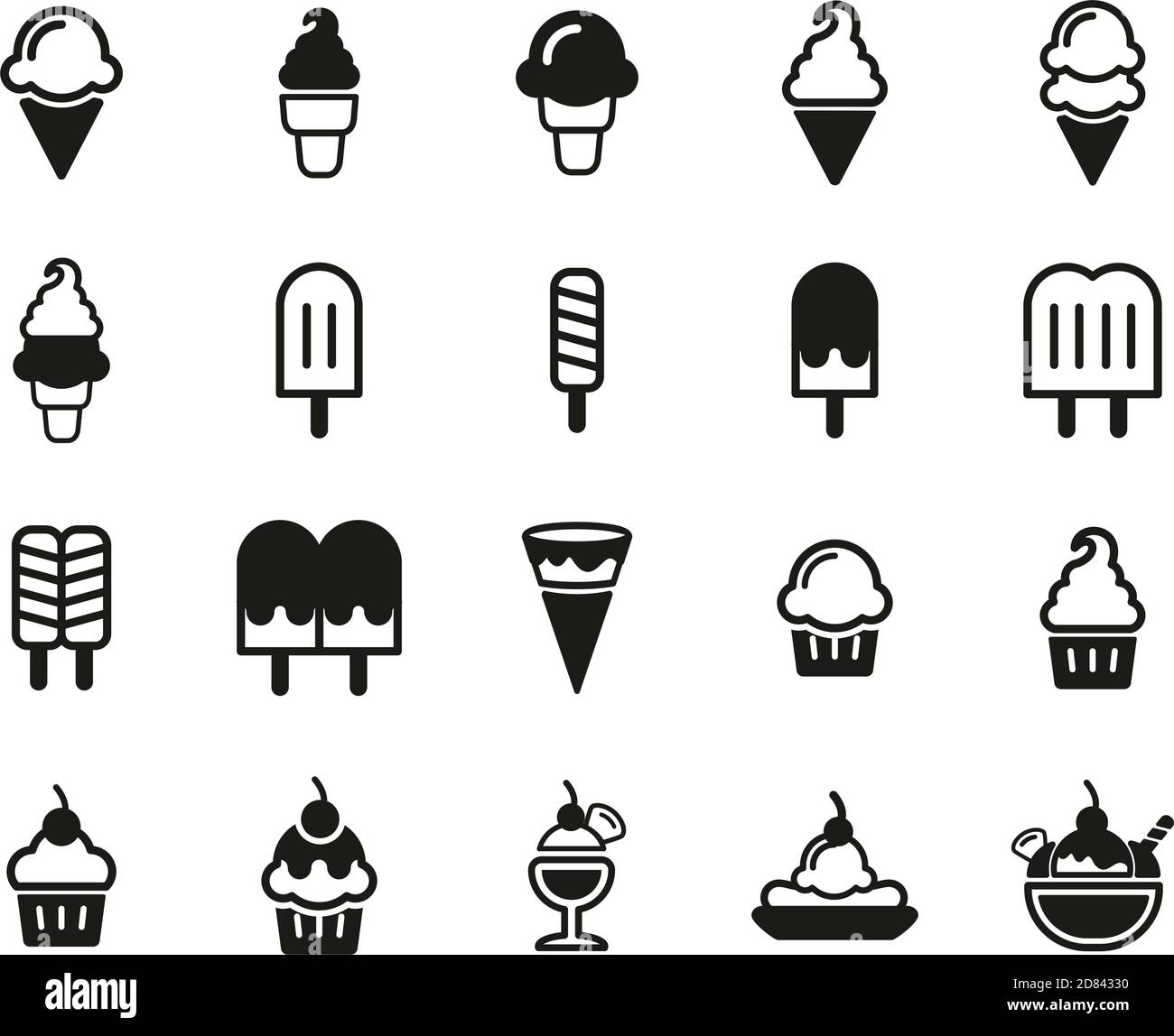Ice Cream Icons Schwarz & Weiß Set Groß Stock Vektor
