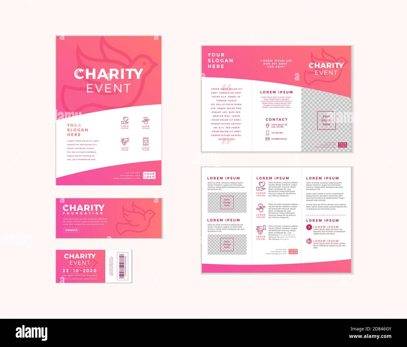 Set von Charity- und Spendenvorlagen in einem Design. Flyer, Ticket, Banner und Poster mit Ihrem Text für Freiwilligenzentrum, Fundraising-Event, organiza Stock Vektor