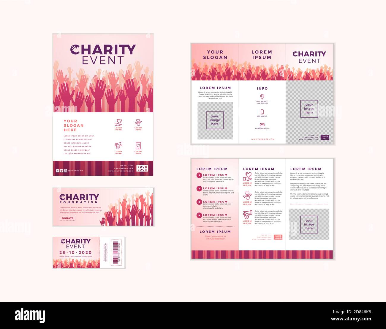Set von Charity- und Spendenvorlagen in einem Design. Flyer, Ticket, Banner und Poster mit Ihrem Text für Freiwilligenzentrum, Fundraising-Event, organiza Stock Vektor
