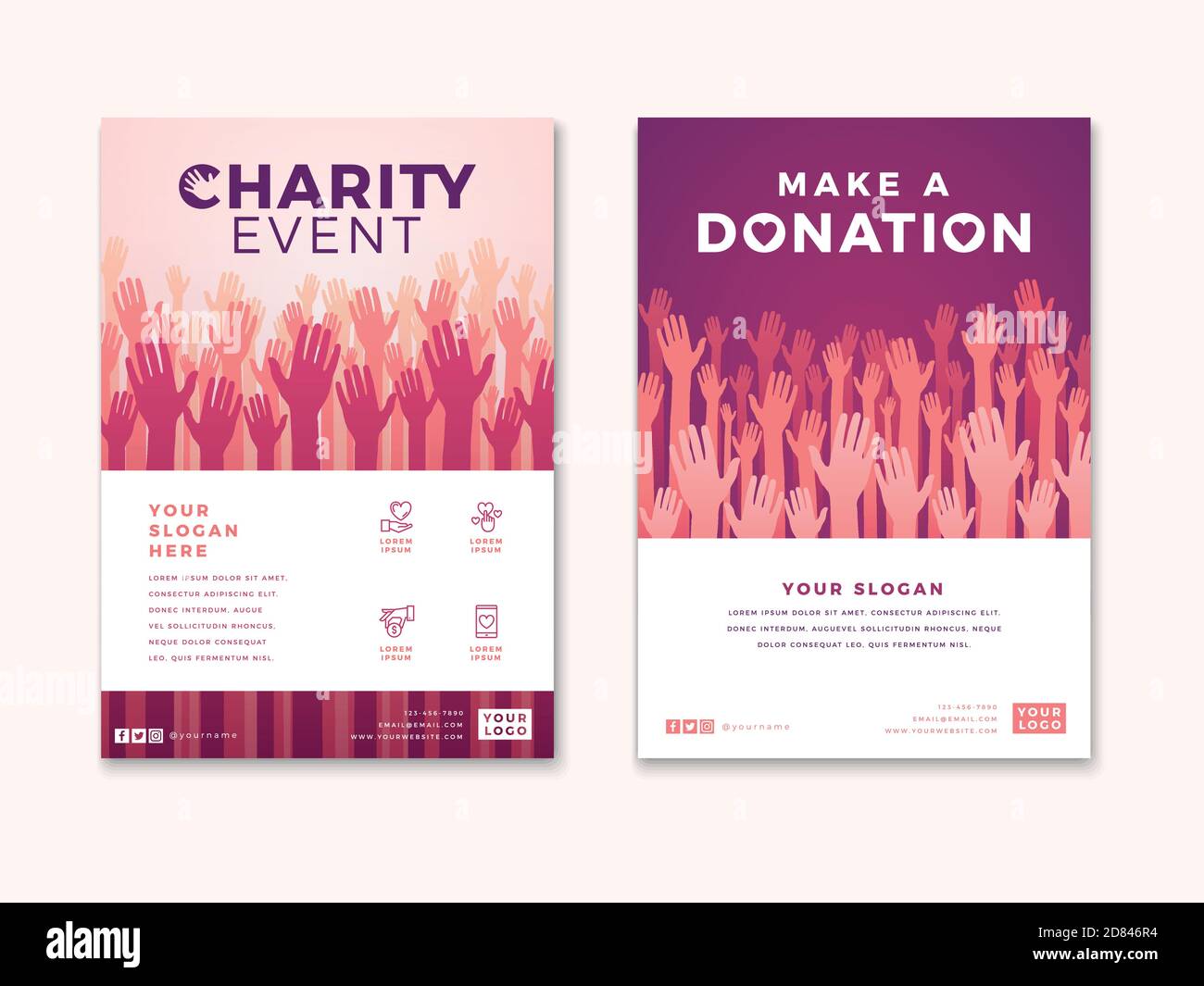 Charity und Spende Poster Design-Vorlagen. Kartenflyer Poster mit Ihrem Text für Freiwilligenzentrum, Fundraising-Veranstaltung, Organisation. Vektorgrafik Stock Vektor
