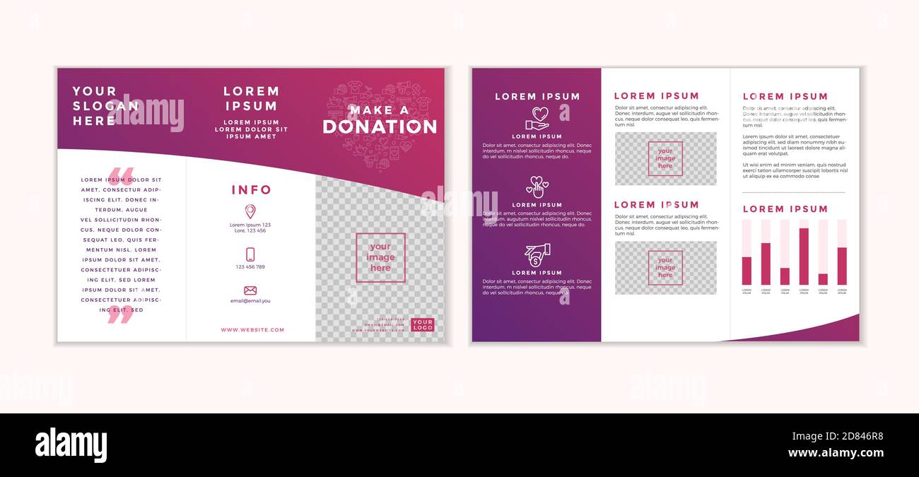 Charity und Spende dreifache Design-Vorlage. Kartenflyer mit Ihrem Text für Freiwilligenzentrum, Fundraising-Veranstaltung, Organisation. Vektorgrafik. Stock Vektor