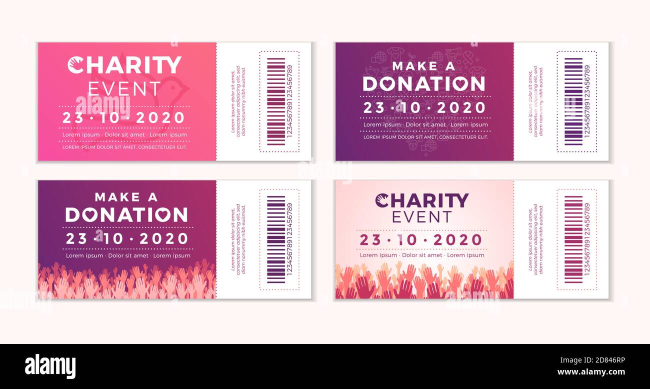 Charity und Spenden Tickets Designs für Ihre Veranstaltung. Kartenflyer Poster mit Ihrem Text für Freiwilligenzentrum, Fundraising-Veranstaltung, Organisation. Vektor-il Stock Vektor