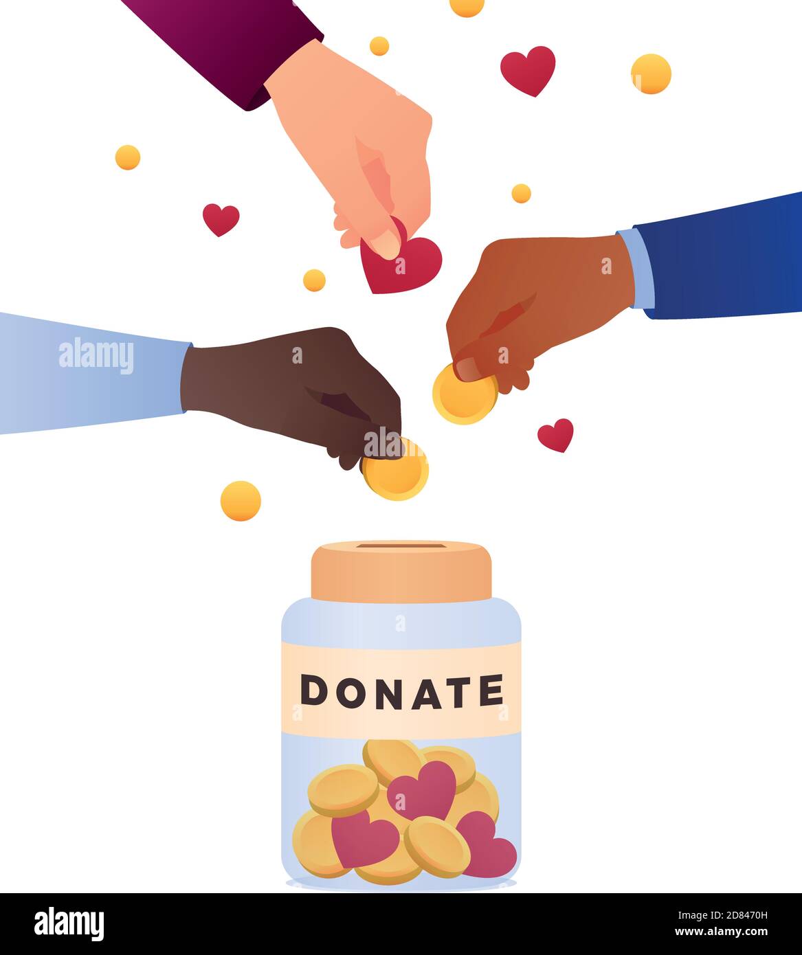 Die Menschen werfen Goldmünzen und Herzen in eine Schachtel für Spenden. Münzen und Herzen in der Hand. Spendenbox. Spenden, Geld geben. Moderne Vektorgrafik, Stock Vektor