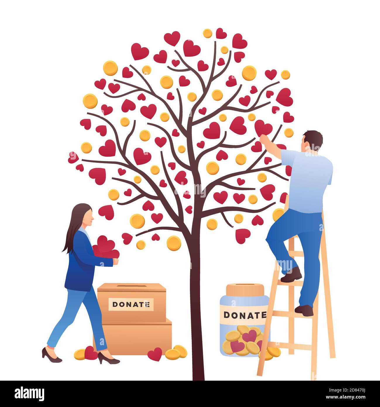 Charity Illustration mit Mann und Frau, die kümmern sich um Herzbaum. Wohltätigkeitsorganisation, Hilfe. Spenden, Geld geben. Vektorgrafik, flache Ausführung Stock Vektor