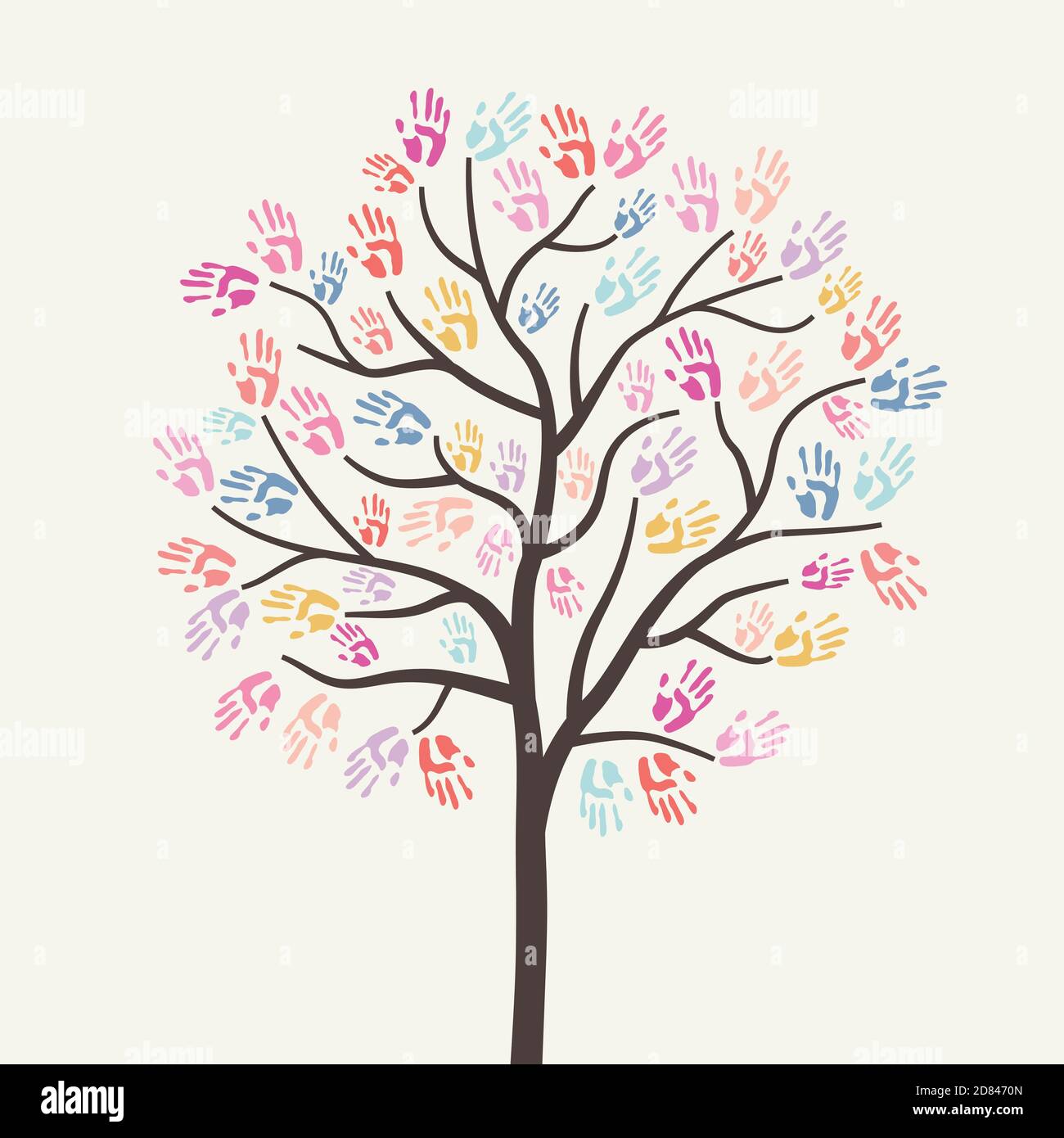 Charity Illustration mit Baum erstellt von Handdrucken. Wohltätigkeitsorganisation, Hilfe. Spenden, Geld geben. Vektorgrafik, flaches Design. Stock Vektor