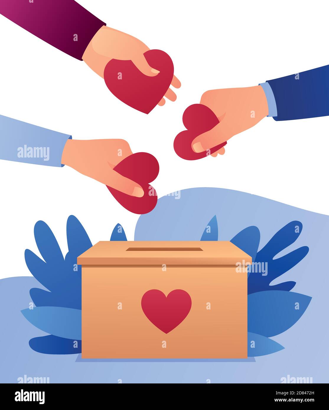 Menschen werfen Herzen in eine Schachtel für Spenden. Herzen in der Hand. Spendenbox. Spenden, Geld geben und lieben. Moderne Vektor-Illustration, flach Stil desi Stock Vektor