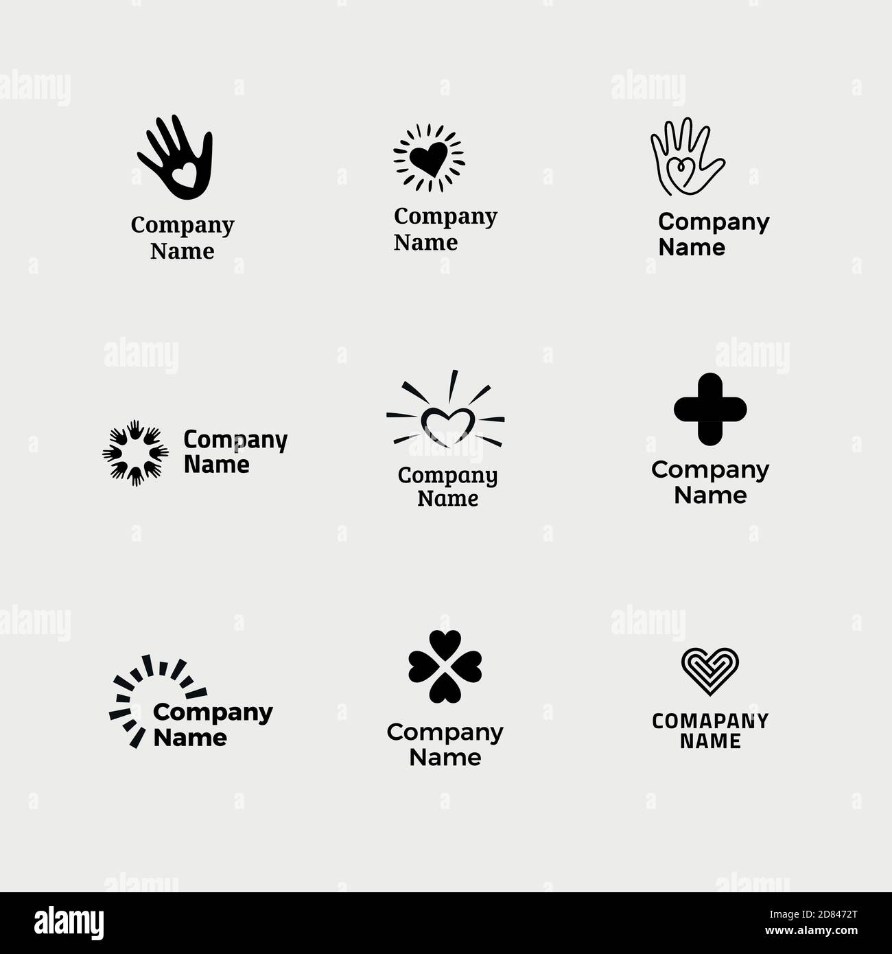 Set von verschiedenen Logos für wohltätige Zwecke, gemeinnützige Organisation, Fundraising-Event, Freiwilligenzentrum. Schlichtes, modernes Design. Stock Vektor