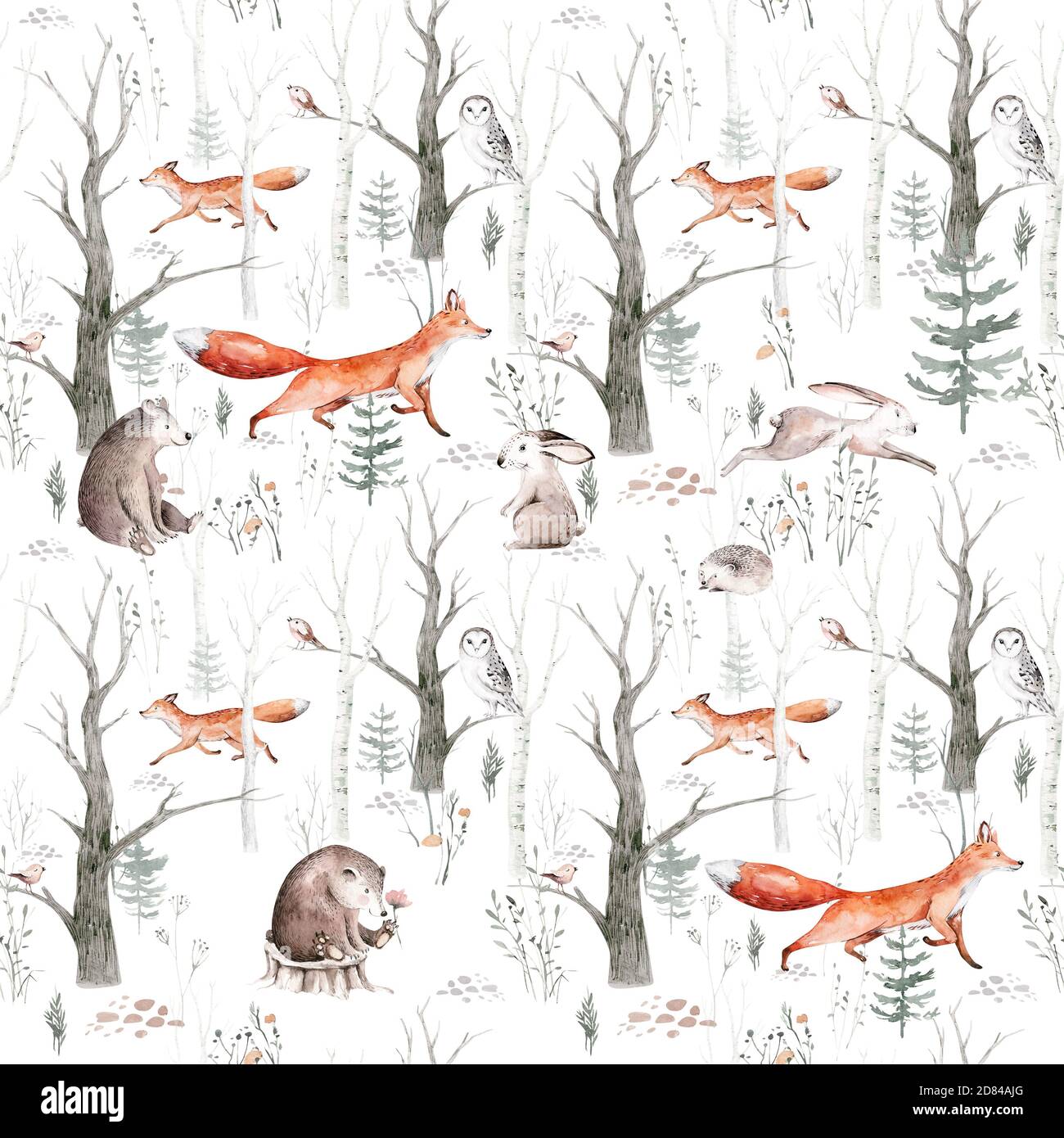 Aquarell Woodland Tiere nahtlose Muster. Stoff Tapete Hintergrund mit Eule, Igel, Fuchs und Schmetterling, Bunny Kaninchen Set von Waldhörnchen Stockfoto