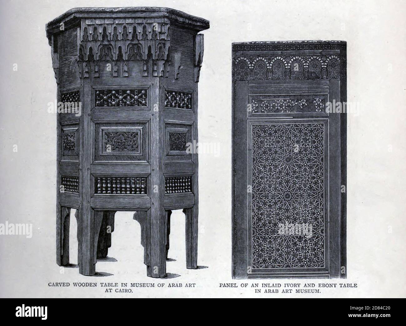 Geschnitzter Holztisch aus dem Museum für Arabische Kunst, Kairo Holzstich aus dem Buch "malerisches Palästina, Sinai und Ägypten : soziales Leben in Ägypten; eine Beschreibung des Landes und seiner Menschen" mit Illustrationen über Stahl und Holz von Wilson, Charles William, Sir, 1836-1905; Lane-Poole, Stanley, 1854-1931. Veröffentlicht von J.S. Virtue in London im Jahr 1884 Stockfoto