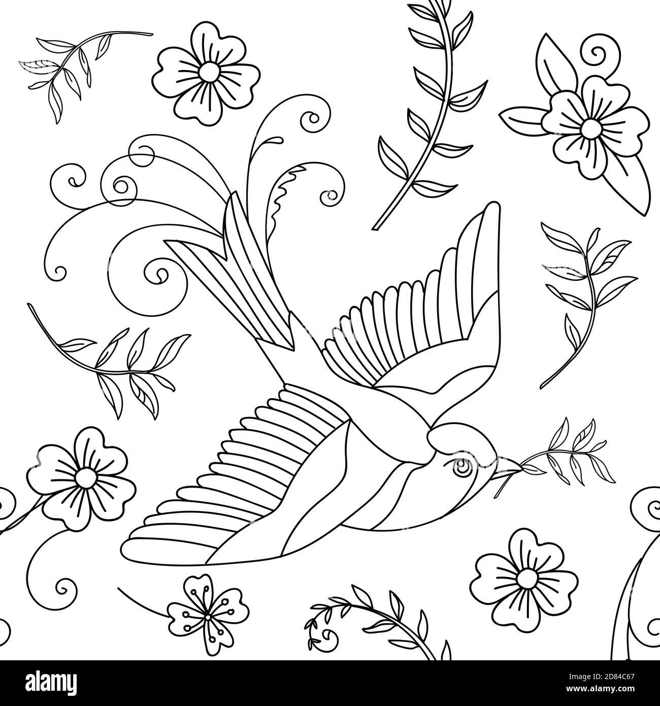 Nahtloses Muster mit Blumen und Vogel. Monochromer Hintergrund für die Erstellung von Textilien, Tapeten, Papier, Hochzeitseinladung, Design, Druck. Vektordarstellungen Stock Vektor