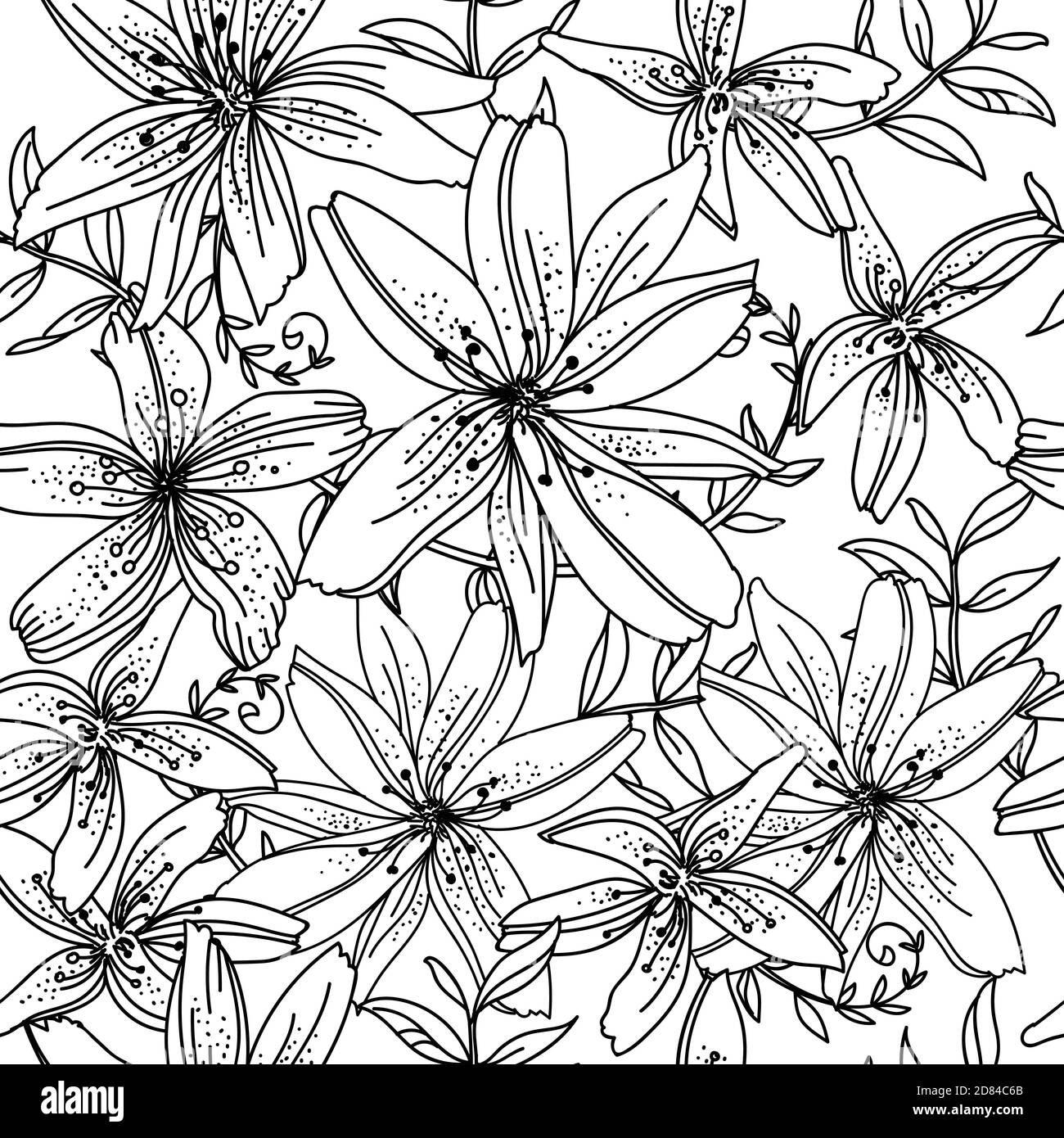 Nahtloses Muster mit Lilienblumen. Monochromer Hintergrund für die Erstellung von Textilien, Tapeten, Papier, Hochzeitseinladung, Design, Druck. Vektorgrafik Stock Vektor