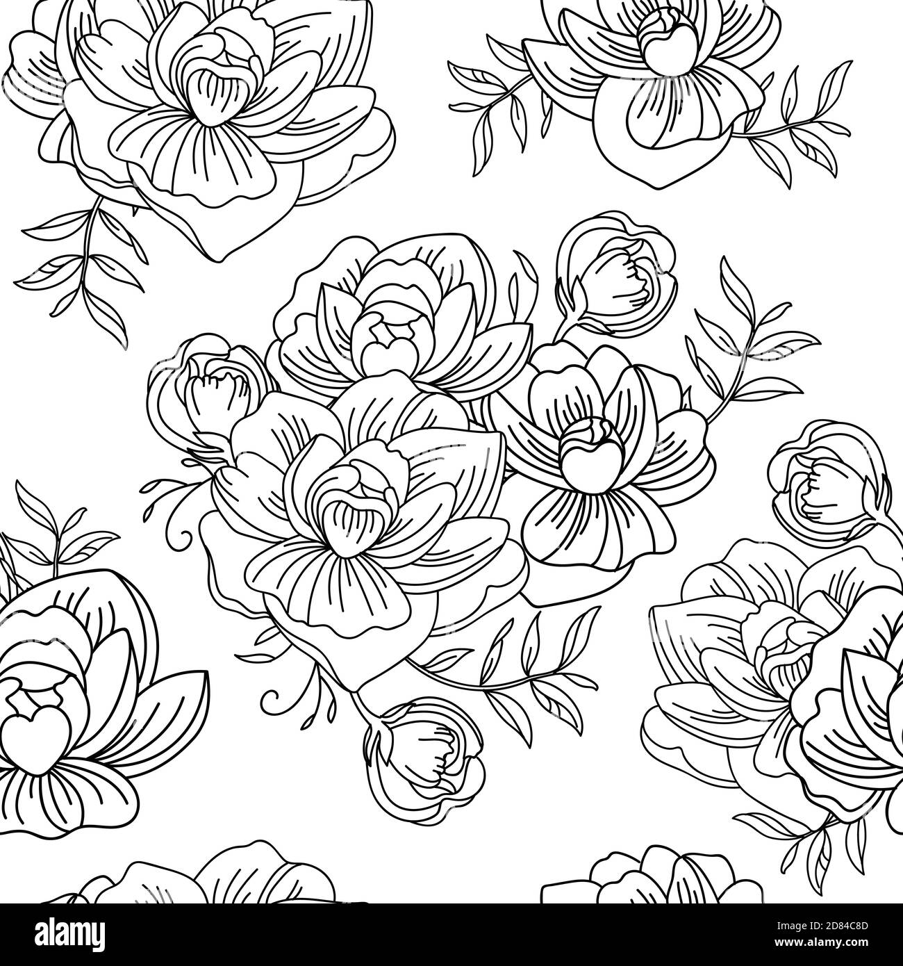 Nahtloses Muster mit Blumenstrauß aus Pfingstrosen. Monochromer Hintergrund für die Erstellung von Textilien, Tapeten, Papier, Hochzeitseinladung, Design, Druck. Vect Stock Vektor