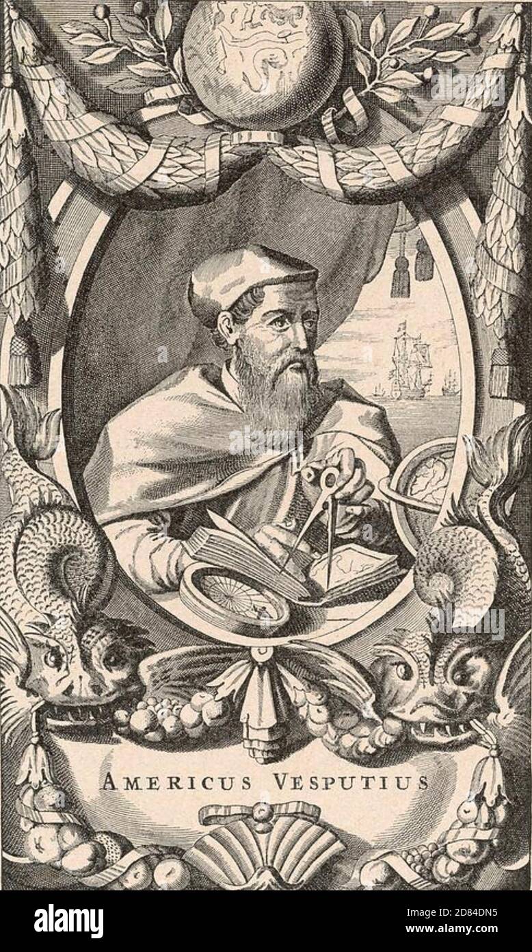 AMERIGO VESPUCCI (1454-1512) italienischer Kaufmann und Entdecker in einem 1637 Gravur Stockfoto