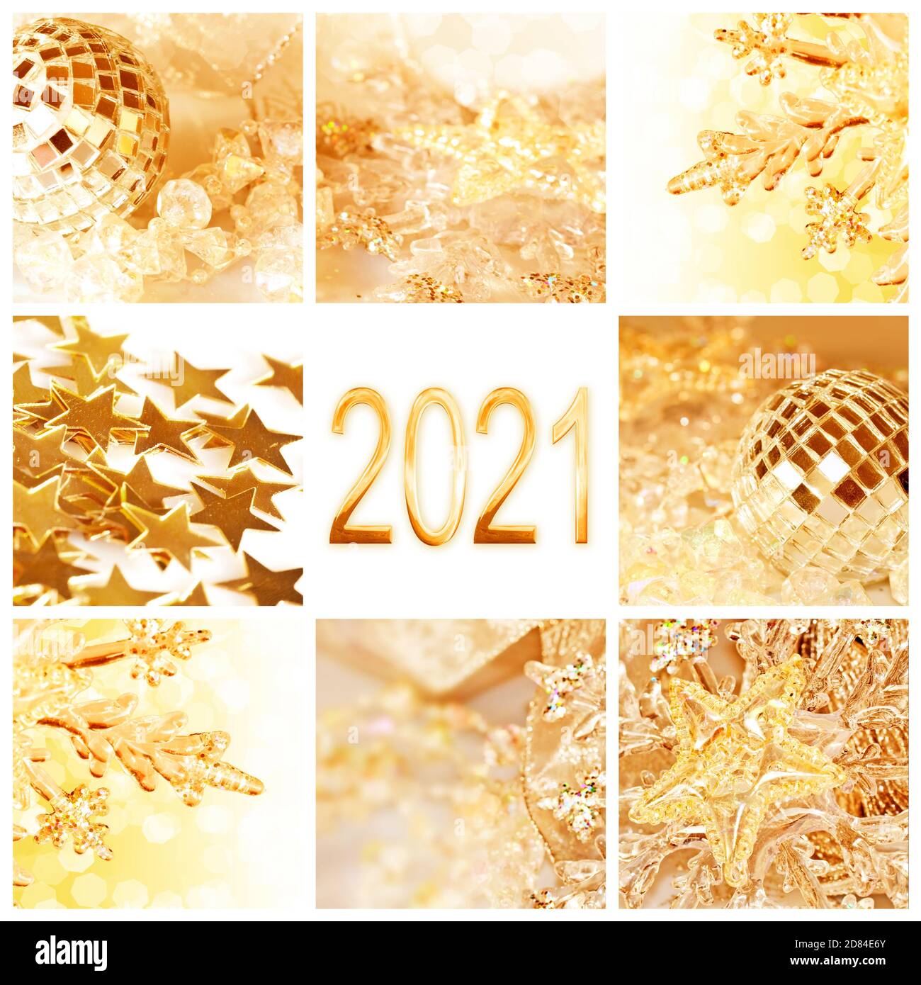 2021, goldene weihnachtsschmuck Collage Quadrat Neujahr und Urlaub Grußkarte Stockfoto
