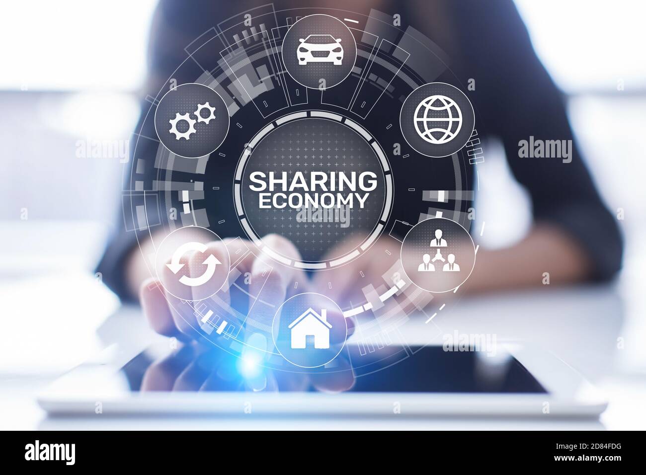 Gemeinsame Nutzung von Wirtschaft, Innovation und Zukunft Business Technology Konzept auf virtuellen Bildschirm Stockfoto