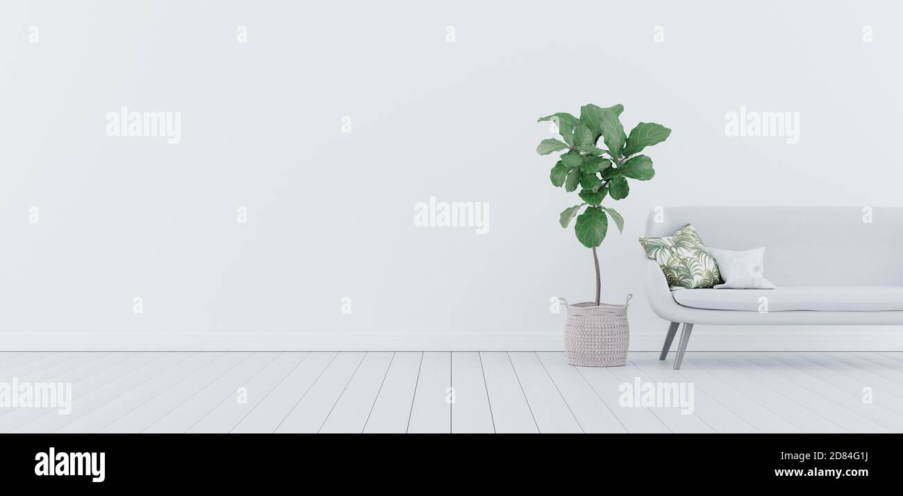 Mock up, leeres weißes Wohnzimmer, Innenarchitektur mit Copy Space 3D Rendern 3D-Illustration Stockfoto