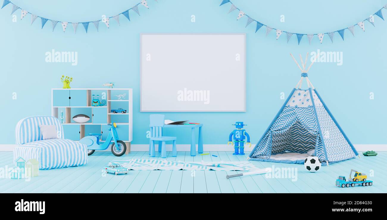 Kinderzimmereinrichtung in blauen Pastelltönen. Zimmer für kleine Jungen. 3d-Rendern 3d-Illustration Stockfoto