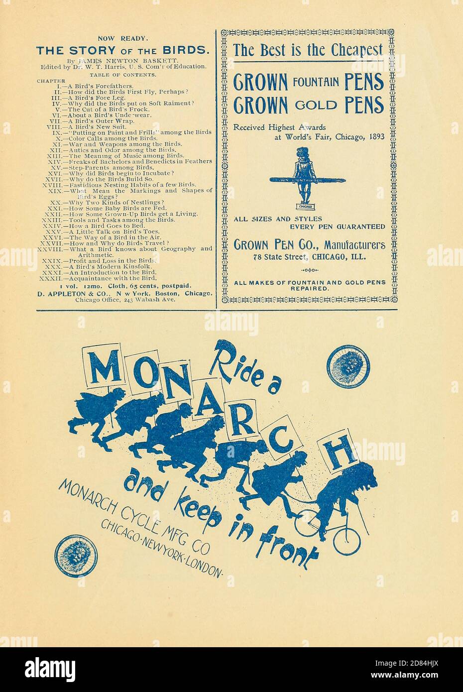 Ride a Monarch Ad der Monarch Cycling Mfg Co. Erschien in einer monatlichen Zeitschrift namens "Birds : Illustrated by color Photography" eine monatliche Serie. Kenntnisse des Vogellebens im Jahr 1897. Stockfoto