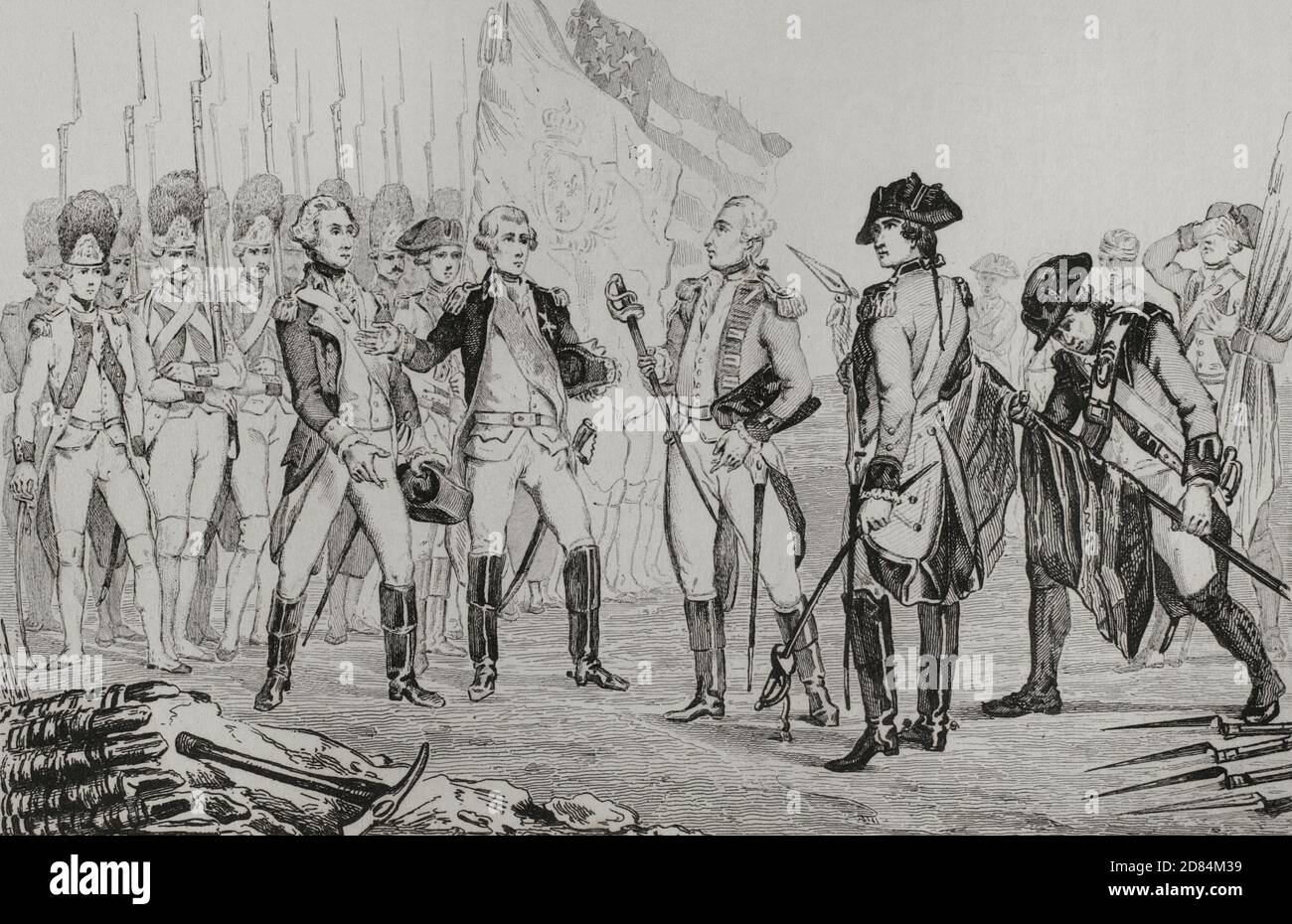 Unabhängigkeitskrieg der Vereinigten Staaten von Amerika. Der britische General Cornwallis (1738-1805) kapituliert nach der Schlacht von Yorktown, Virginia, am 19. Oktober 1781. Die amerikanische Armee besiegte die Briten. General Cornwallis gab seine Truppen ab. Cornwallis, der die Krankheit anflehte, nahm nicht an der Kapitulation Teil, aber sein zweiter Befehlshaber, General Charles O’Hara, trug das Schwert von Cornwallis zu den amerikanischen und französischen Kommandanten. Gravur von Vernier. Panorama Universal. Geschichte der Vereinigten Staaten von Amerika, ab 1. Auflage von Jean B.G. Roux de Rochelle's Etats-Unis d'Amérique im Jahr 1837. Spanische Ausgabe Stockfoto
