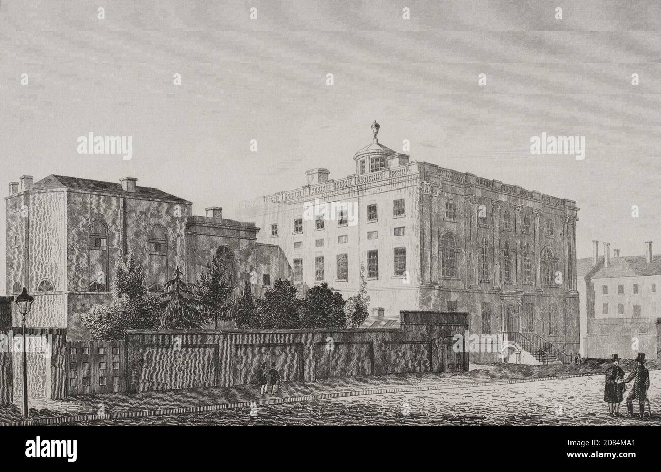 Usa. Universität von Pennsylvania, in Philadelphia. Die Universität besetzte das 1790 erbaute "Präsidientenhaus" von 1801 bis 1829. Es wurde 1829 abgerissen und zwei neue Universitätsgebäude wurden an der gleichen Stelle errichtet. Präsidentenhaus von Südosten aus gesehen, mit 1806-1807 Medical Departament Flügel (links). Gravur. Panorama Universal. Geschichte der Vereinigten Staaten von Amerika, ab 1. Auflage von Jean B.G. Roux de Rochelle's Etats-Unis d'Amérique im Jahr 1837. Spanische Ausgabe, gedruckt in Barcelona, 1850. Stockfoto