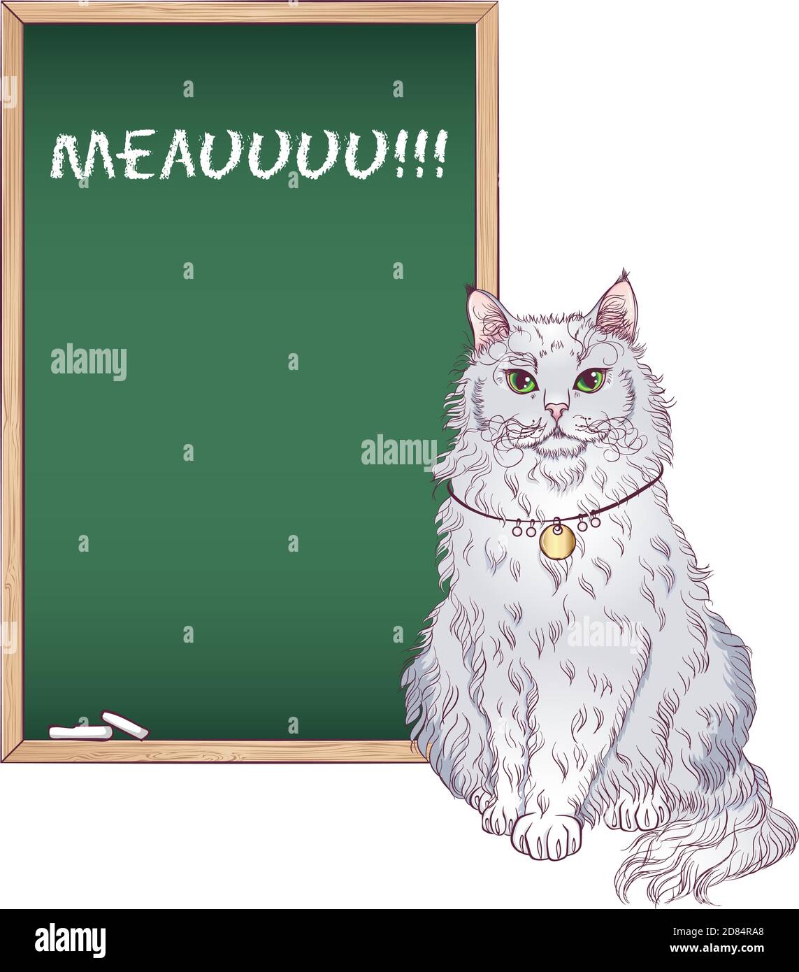 Sitzende Katze La Perm Rasse. Vektorgrafik mit einer Katze in der Nähe der Kreidetafel. Handgezeichneter Stil isoliert auf weißem Hintergrund. Für Text platzieren. Stock Vektor