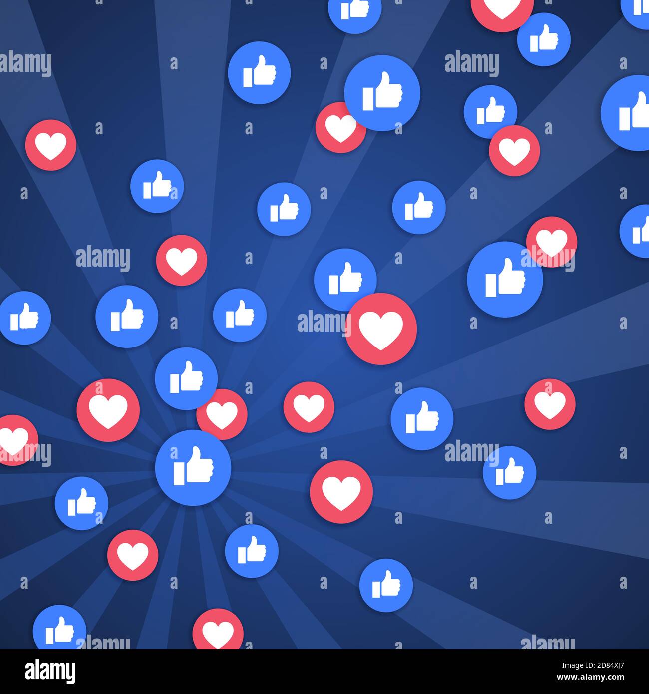 Social Media Hintergrund mit Herz und wie Symbole. Blaue Karte mit einfachem Pfosten. Stock Vektor