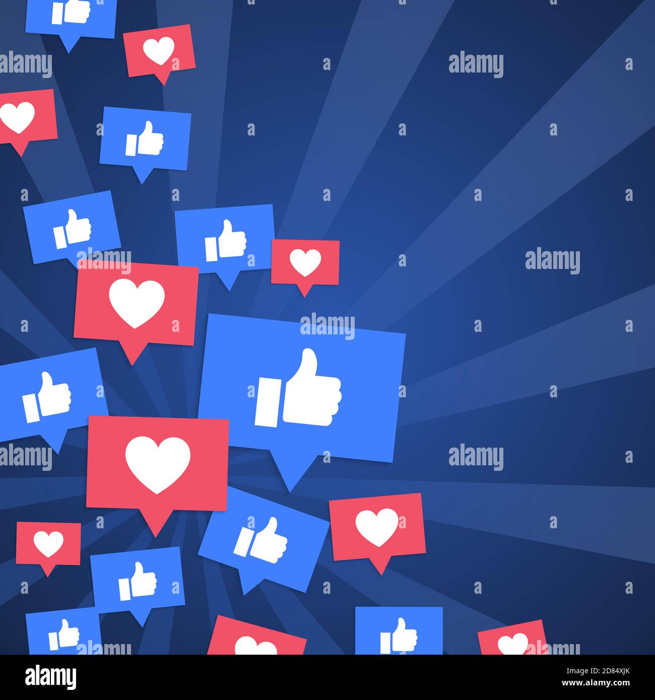 Social Media Hintergrund mit Herz und wie Symbole. Blaue Karte mit einfachem Pfosten. Stock Vektor