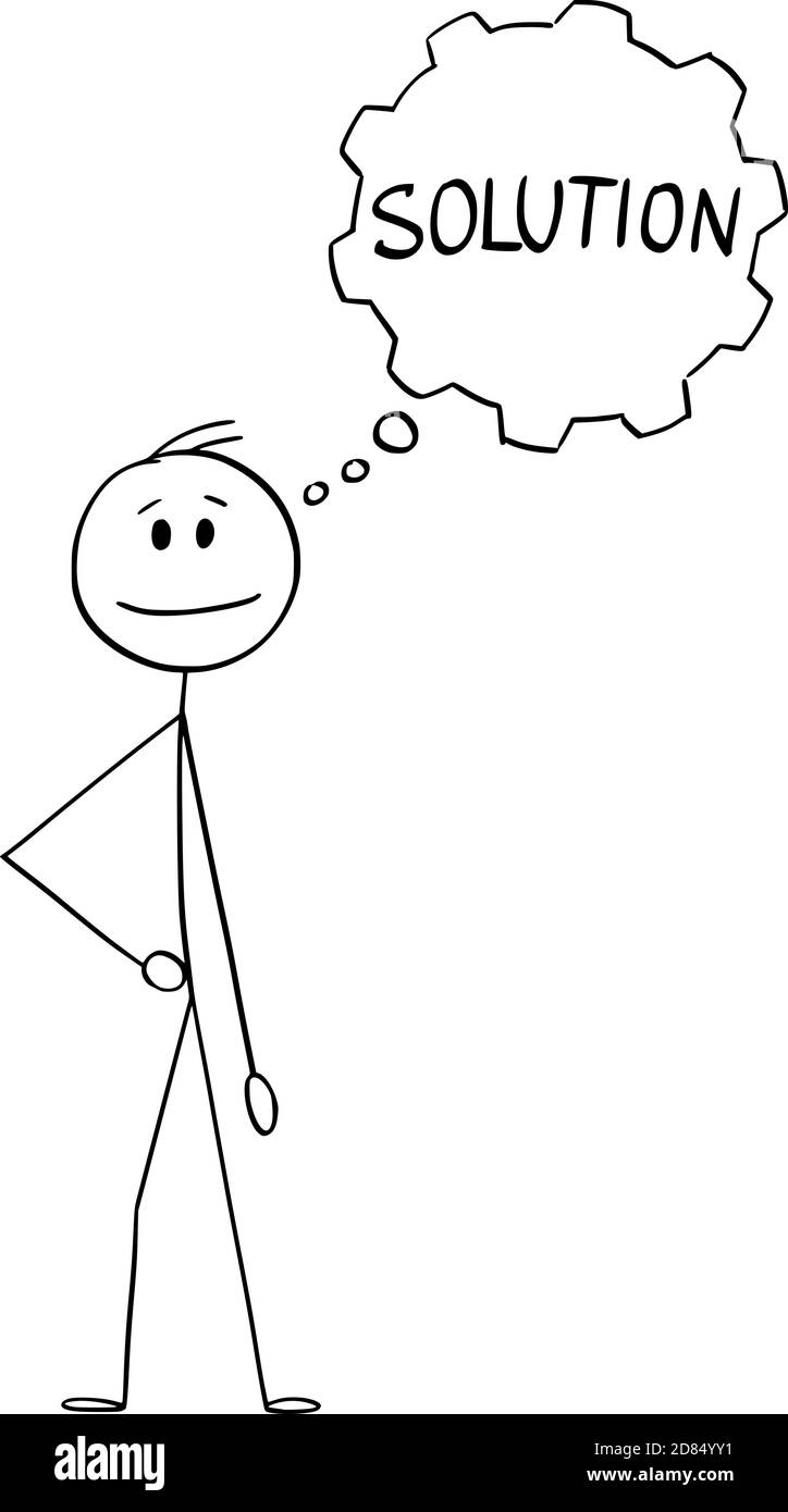 Vektor Cartoon Stick Figur Zeichnung konzeptionelle Illustration des Menschen, Geschäftsmann oder Innovator mit Denkblase oder Ballon in Form von Zahnrad.Er ist für Lösung oder Innovation suchen. Stock Vektor