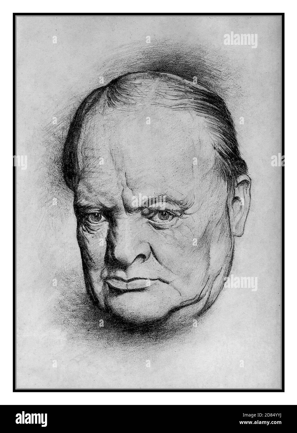 Archiv WK2 Winston Churchill inspirierender Führer und Premierminister des Zweiten Weltkriegs Portrait Kopf & Schultern B&W Zeichnung von Lyn Ott 1942. Des britischen Kriegsministers Churchill Lyn Ott (1926-1998) war ein amerikanischer Maler. Stockfoto