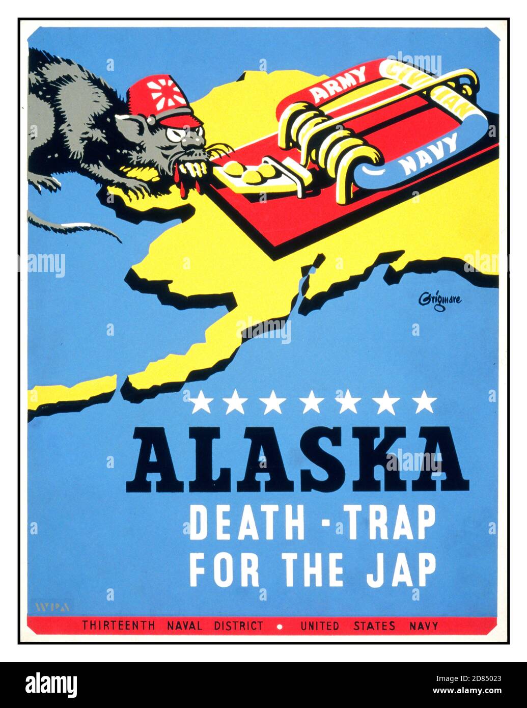 Anti-japanische amerikanische Propaganda-Poster ‘Alaska - Todesfalle für den Jap’. Artwork von Edward T. Grigware , 1889-1960 Künstler WPA Art Project, [zwischen 1941 und 1943] (Poster) : Siebdruck, Farbe. Plakat für den dreizehnten Naval District, United States Navy, zeigt eine Ratte, die einen stereotypen japanischen Soldaten darstellt und sich einer Mausefalle nähert, die mit der Aufschrift 'Army Navy Civilian' beschriftet ist, auf einer Hintergrundkarte des Staates Alaska. Stockfoto