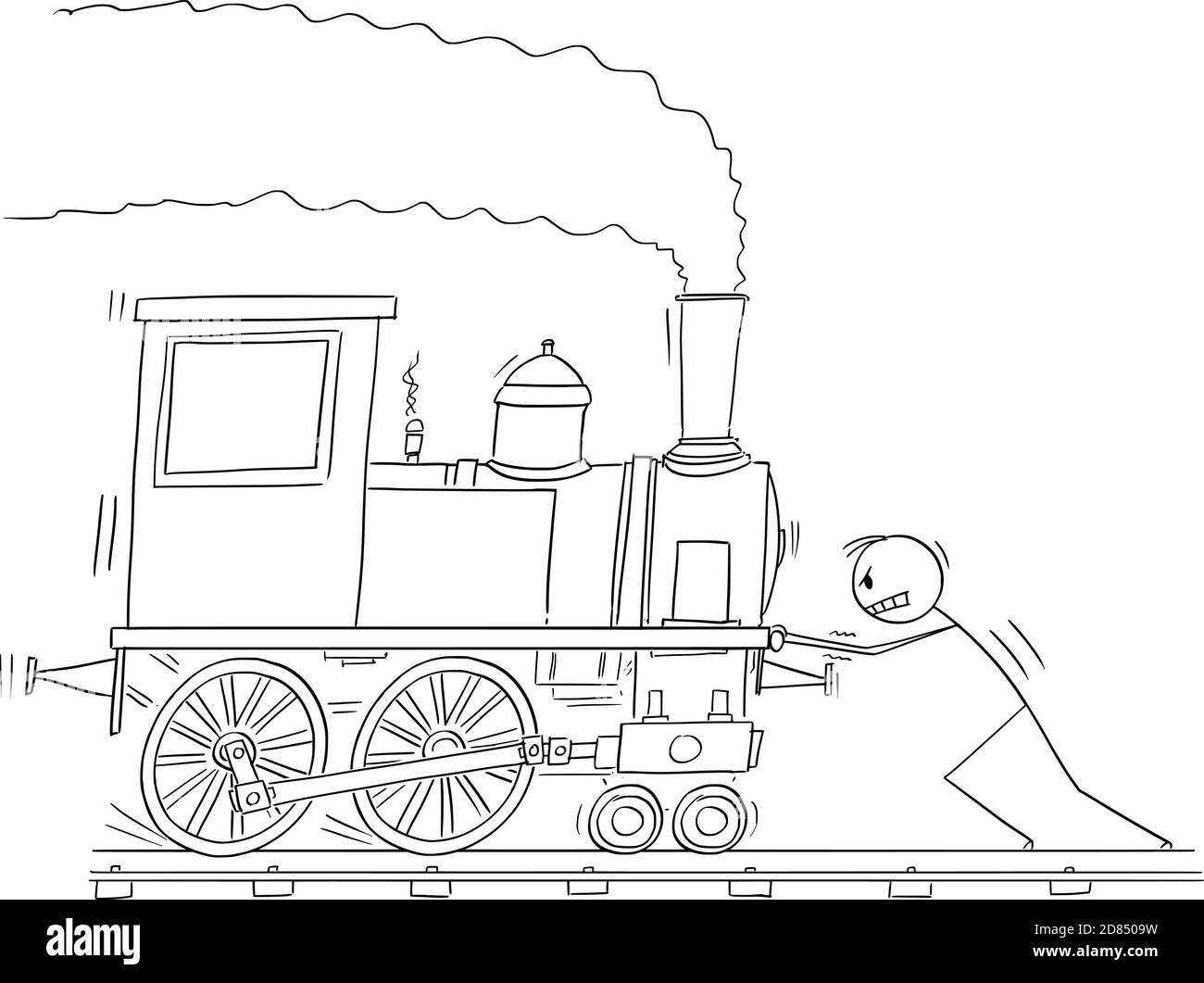 Vektor-Cartoon-Stick Abbildung Abbildung des Menschen schieben Dampfbahn Zug Motor oder Lokomotive. Stock Vektor
