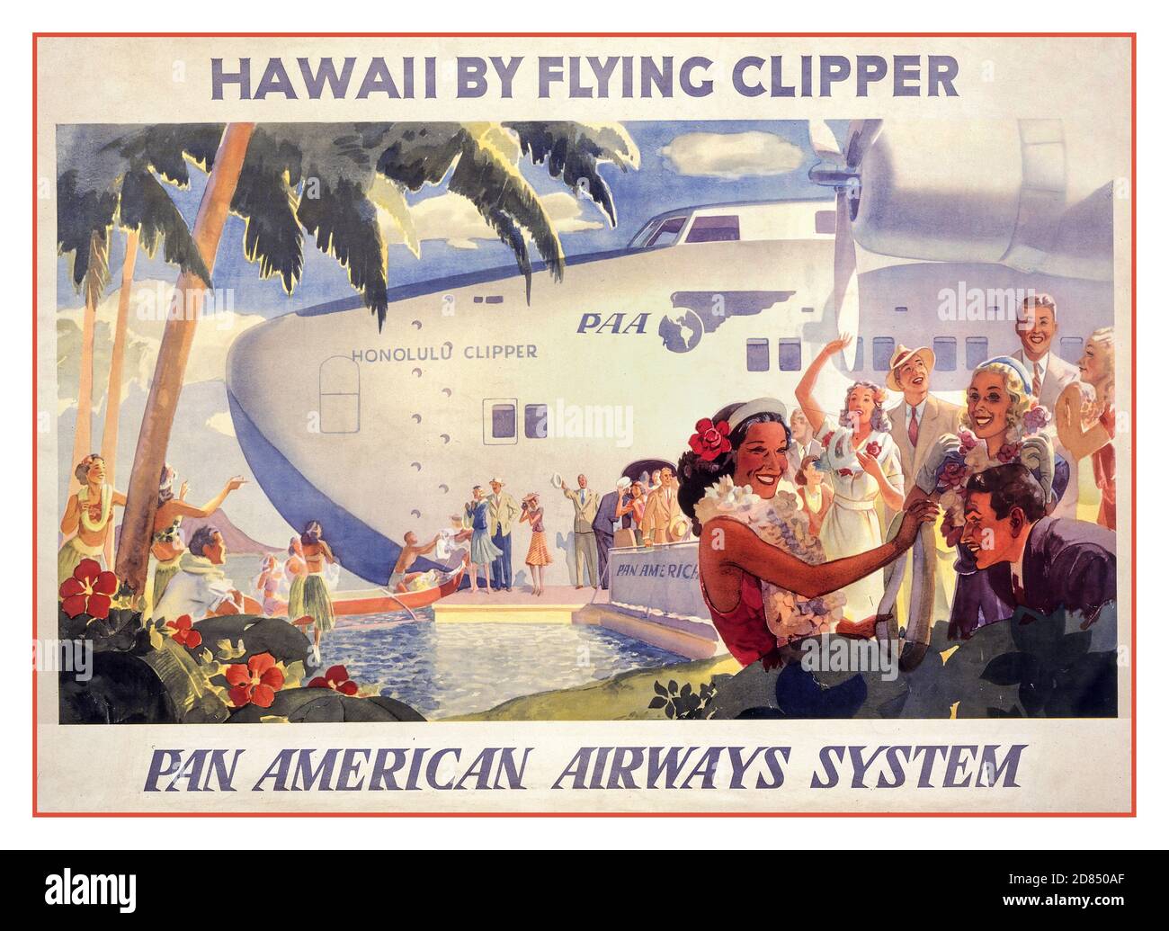 Vintage 1930er Jahre Aviation Travel Poster Hawaii von fliegenden Klipper--Pan American Airways System [ca. 1938] Lithographie, Farbe. Hawaiianer begrüßen Passagiere, die aus dem Wasserflugzeug aussteigen. Stockfoto