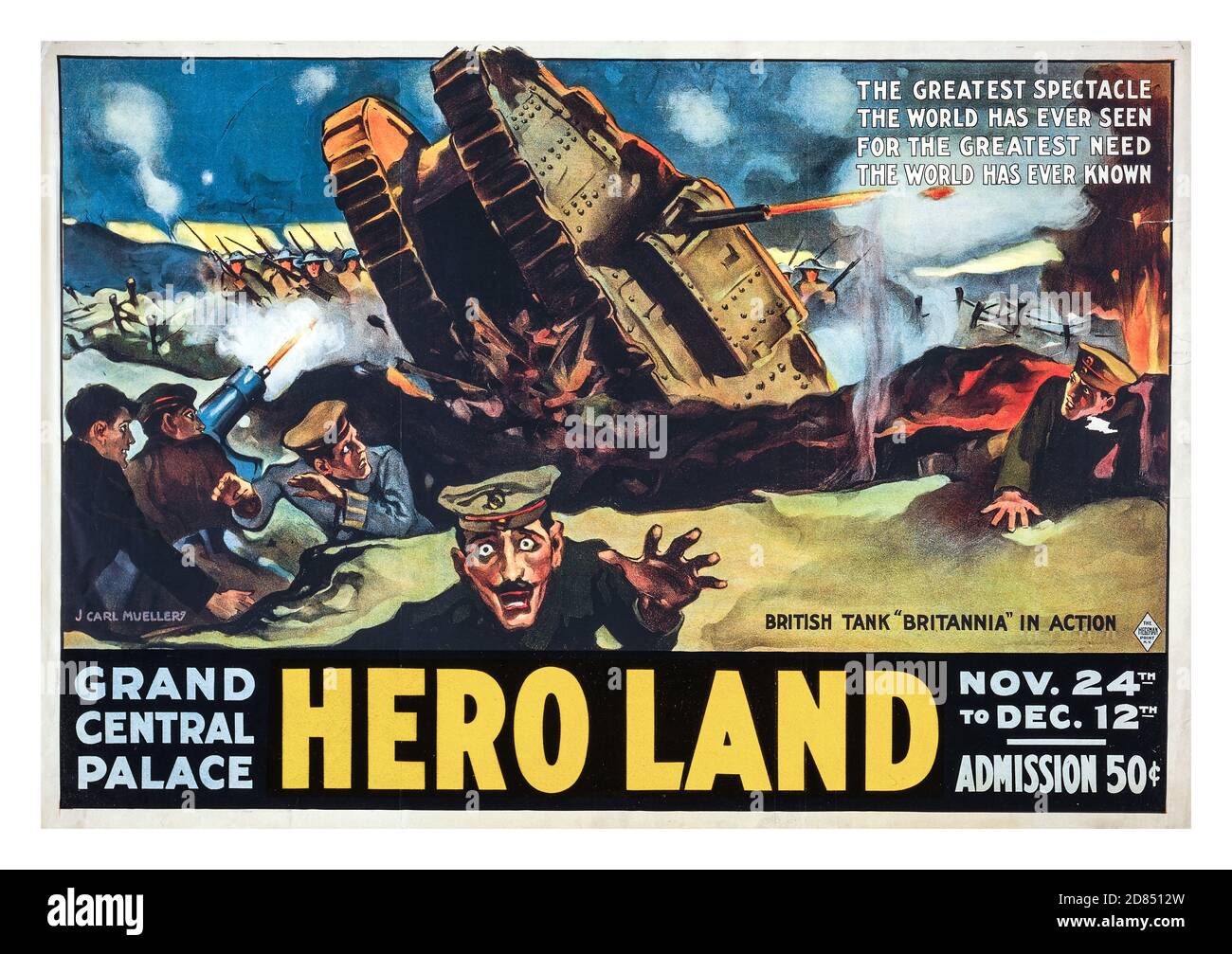 Vintage World war 1 Propaganda 1917 ‘Hero Land’ das größte Spektakel, das die Welt je gesehen hat für die größte Not, die die Welt je gekannt hat / / von J. Carl Müller (Mueller, J. Carl), Künstler Erstellungsdatum/Veröffentlicht: New York : The Hegeman Print, [1917] Poster) Lithographie, Farbe ; Plakat für eine Spendenaktion, zeigt eine Kampfszene des 1. Weltkrieges mit einem britischen Panzer. 1. Weltkrieg 1. Weltkrieg 1. Weltkrieg Stockfoto