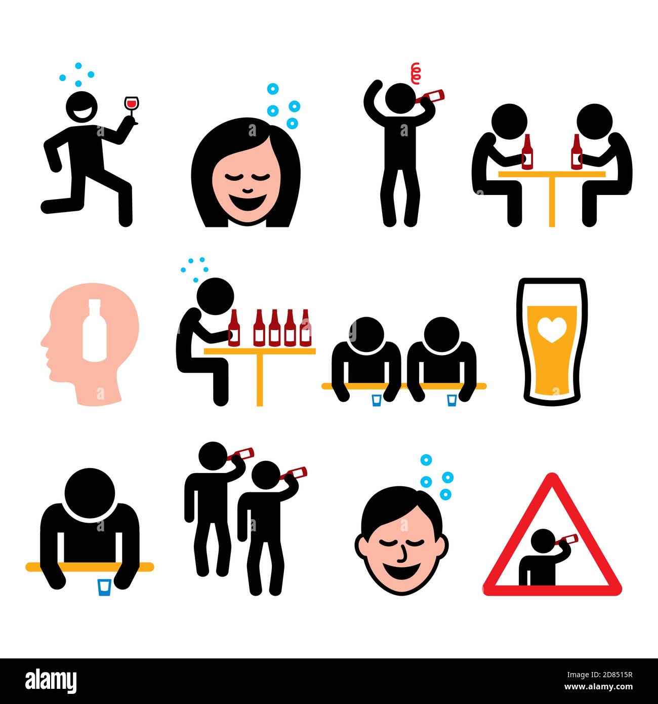 Betrunkener Mann und Frau, Menschen Alkohol trinken Farbe Icon Set - Alkoholmissbrauch Problem Stock Vektor