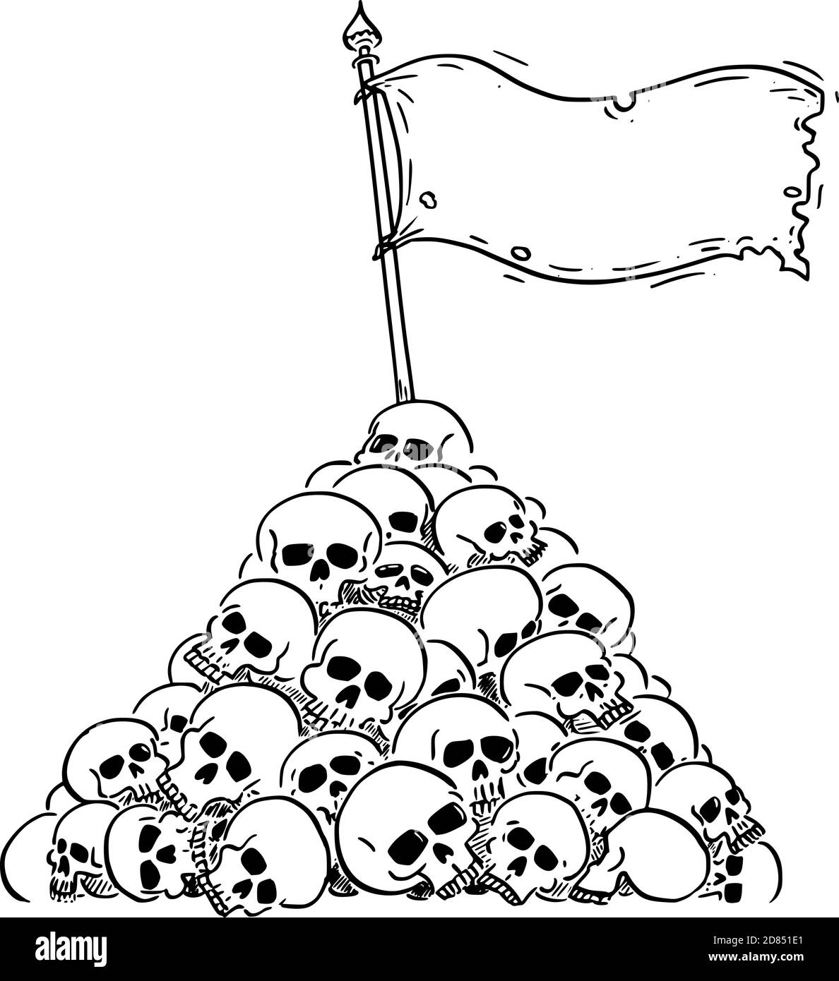 Vektor-Cartoon-Illustration der Kapitulation oder Sieg Flagge winken auf Haufen oder Haufen von menschlichen Schädeln. Konzept von Gewalt, Sieg, Niederlage, Epidemie, Krieg oder Tod. Stock Vektor