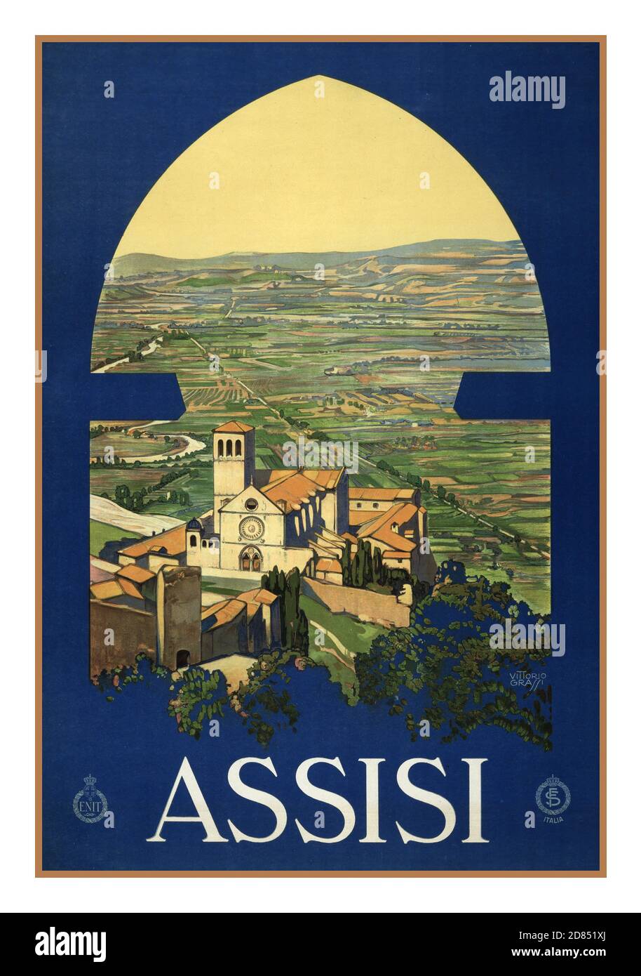 ASSISI Vintage Travel retro Poster Assisi von Vittorio Grassi. Künstler Datum erstellt/veröffentlicht: Roma : Grafia, [ca. 1920] (Plakat) : Lithographie, Farbplakat, das Assisi und die Landschaft durch einen Fensterbogen in einem Turm zeigt. Stockfoto