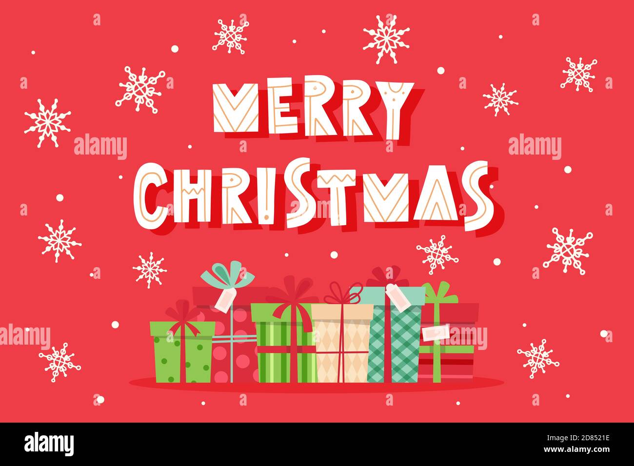 Frohe weihnachtskarte mit Schriftzug und Geschenken. Vektorgrafik im flachen Stil Stock Vektor