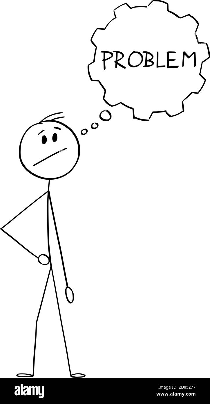 Vektor Cartoon Stick Figur Zeichnung konzeptionelle Illustration des Menschen, Geschäftsmann oder Innovator mit Denkblase oder Ballon in Form von Zahnrad. Er sucht nach einer Problemlösung. Stock Vektor