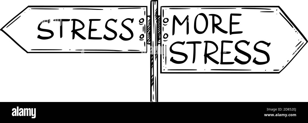 Vektorgrafik Cartoon Illustration von Stress oder mehr Stress zur Auswahl. Verkehrsschild mit nach links und rechts zeigenden Richtungspfeilen. Stock Vektor